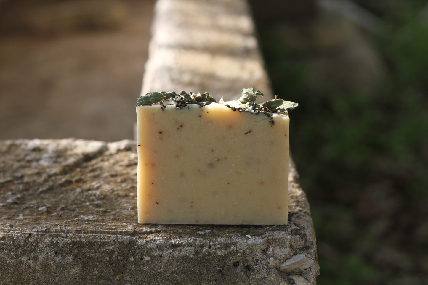 the healthy promise soap handcrafted goats milk mint and mary back of bar on a stone wall